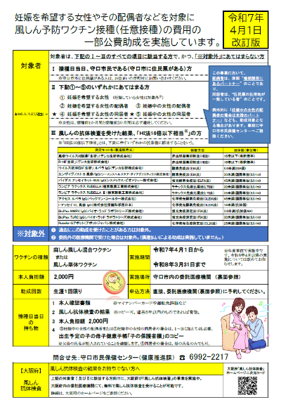 にんしんをきぼうするじょせいやそのはいぐうしゃなどをたいしょうにふうしんにんいせっしゅのひようじょせいのチラシ