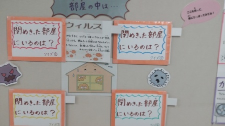 閉めきった部屋にいるのは?と書かれた紙が4枚掲示されている写真