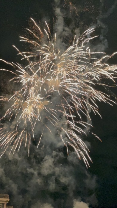 真っ暗な夜空に金色の打ち上げ花火があがっている写真