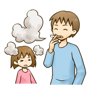 大人が吸っているタバコの煙で苦しそうにする女の子のイラスト