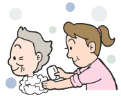 女性が年配の女性の背中を石鹸で洗っているイラスト