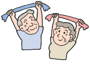 年配の男性と女性がタオルを握り両手を頭の上に上げてストレッチをしている様子のイラスト