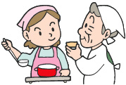調理をしている女性と、味見をしている年配の女性のイラスト