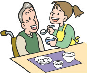車いすに座っている高齢男性にご飯を食べさせている女性のイラスト