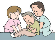 女性と男性が年配の男性を持ち上げようとしているイラスト