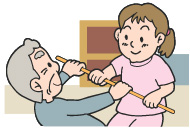 女性と年配の男性が1本の棒を一緒に持ちリハビリを行っている様子のイラスト