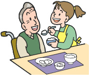 年配男性の食事を介助している女性のイラスト