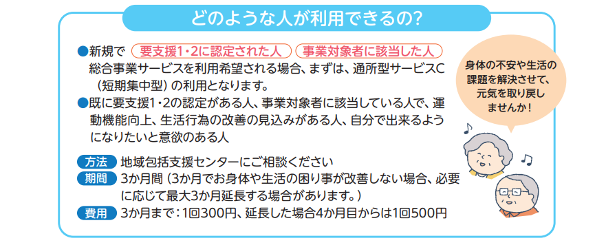 どのような人が利用できるの?●新規で 総合事業サービスを利用希望される場合、まずは、通所型サービスC (短期集中型)の利用となります。 ●既に要支援1・2の認定がある人、事業対象者に該当している人で、運 動機能向上、生活行為の改善の見込みがある人、自分で出来るよう になりたいと意欲のある人 。方法は、地域包括支援センターにご相談ください。 期間は、3か月間(3か月でお身体や生活の困り事が改善しない場合、必要 に応じて最大3か月延長する場合があります。)。 費用は、3か月まで:1回300円、延長した場合4か月目からは1回500円。