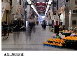 「旭通商店街」とキャプションがついた、商店街の真っ直ぐな通りを正面から写した写真