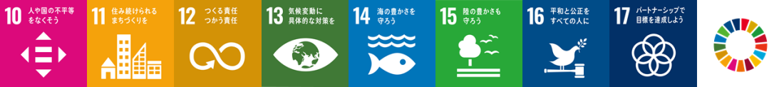 SDGsで掲げられている17のゴールのうちの10から17までのロゴマークと17色で作られた1つの輪のイラスト