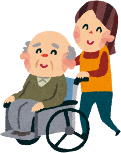 車椅子に乗った老人と車椅子を押すことを補助する女性のイラスト