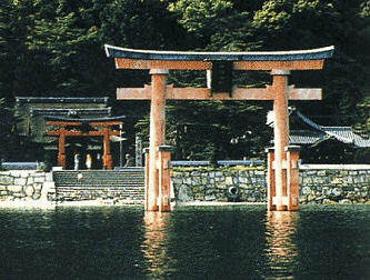 水の中に鳥居があり、その奥に社殿が見える白鬚神社の写真