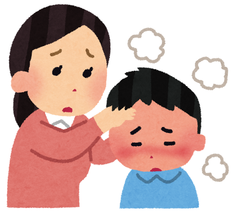 顔を赤くし暑そうにしている男の子の額に手を当てている女性のイラスト