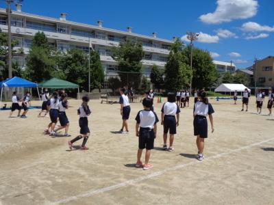 奥に緑や青のテントが立っていて、手前で生徒たちがドッチボールをしている写真