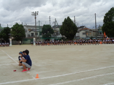 校庭で横一列に並び準備運動をしている様子を遠目から写した写真