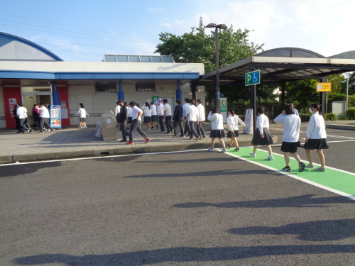 道路上の白の線で囲まれた緑のラインを渡る学生たちの写真