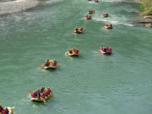 ラフティングで川を下っている学生たちの後ろ姿の写真