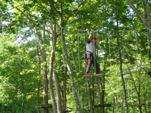木に吊るされたロープの橋を慎重に渡る男子学生の写真