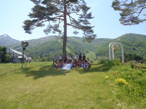 大きな木の下の芝生で、薄い青色の旗をもった学生達が記念撮影をしている写真