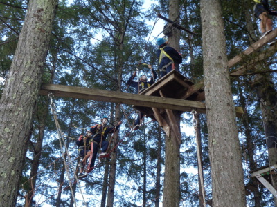 高い木と木の間に造られたロープの橋を生徒達が渡っている写真