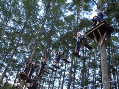 生徒達が次々と木と木の間に造られた板の橋を渡っている様子を見上げる角度から写した写真