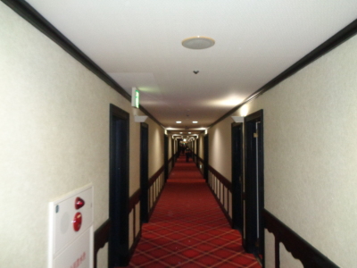 宿舎内の赤い絨毯が敷いてある廊下を写した写真