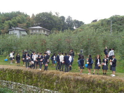 りんごの入ったビニール袋を手に下げて、りんごを丸かじりしている生徒たちの写真