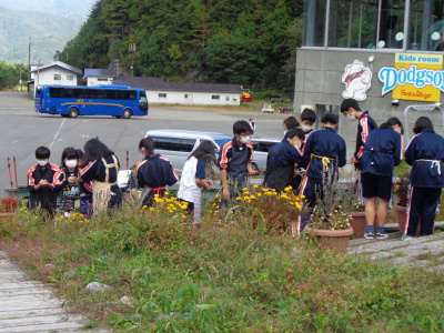 生徒達が集まって草の中を見て、調べ物をしている様子の写真