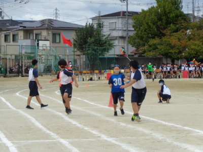 校庭で青のビブスに「30」と書かれた女子生徒からバトンを受け取ろうとしている男子生徒の写真