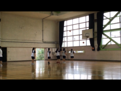 5人の女子生徒が一列に並び、順番にバスケットゴールにボールを投げている場面の映像