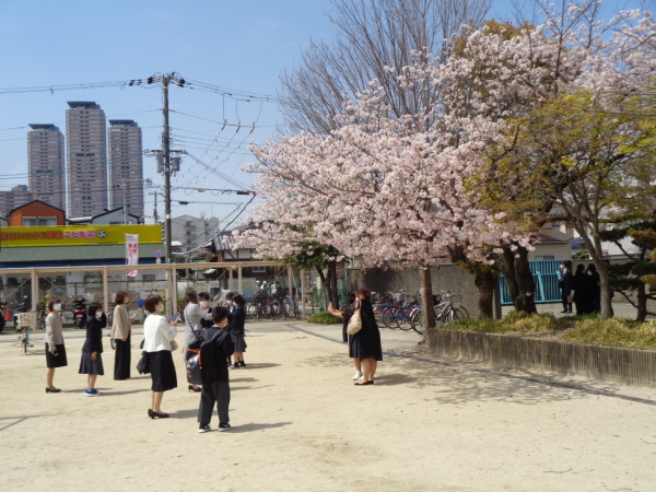 満開の桜の花が咲く木の下で新入生と母親が写真を撮ってもらっている写真