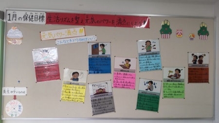 「生活リズムを整え、元気のパワーを満点にしよう！」の掲示の下にイラストと文章で色々な方法が示されている掲示板の写真