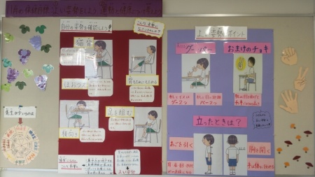よい姿勢の例が掲示されている掲示板の写真