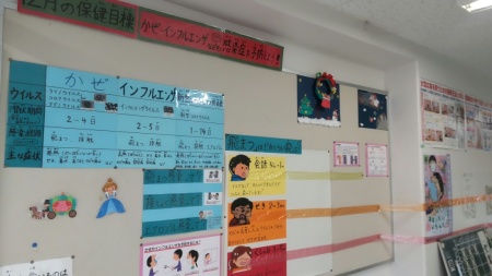 飛沫の飛ぶ長さをビニールテープの長さで示しており、ビニールテープがどこまでも長く伸びている掲示板の写真