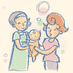 赤ちゃんを抱くお母さんと寄り添う笑顔の女性のイラスト