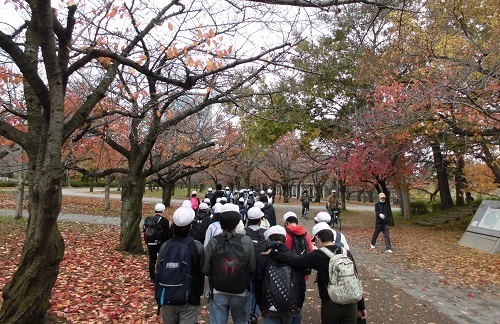 木々が紅く色づいている公園の中を集団で歩いている児童の後ろ姿の写真