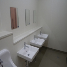 トイレ内で手洗い場と鏡が並んだ写真