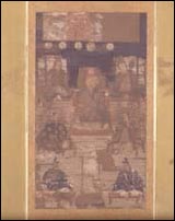 7名の人物が描かれている絹本著色八幡曼荼羅図の写真
