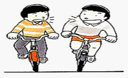 横に並んで会話をしながら自転車を運転する2人の少年のイラスト
