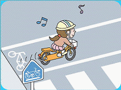 自転車横断帯を音楽を聞きながら自転車で走る少女のイラスト