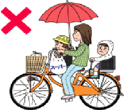 傘を右手で差し、前と後ろに子どもをのせて、左手にスーパーマーケットの袋を下げながらハンドルを操作している女性のイラスト