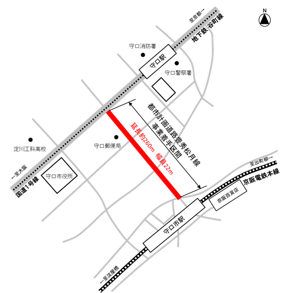 都市計画道路のひとつである豊秀松月線を片側拡幅することを赤色で示した位置図