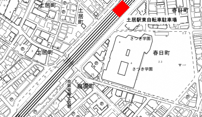 土居駅東自転車駐車場が赤く示されている、土居駅周辺の地図