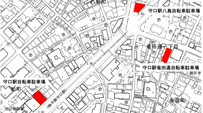 守口駅八島自転車駐車場と、守口駅竜田通自転車駐車場が赤く示されている、守口駅周辺の地図