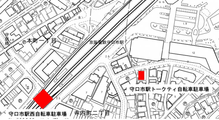 守口市駅西自転車駐車場と、守口市駅トークシティ自転車駐車場が赤く示されている、守口市駅周辺の地図