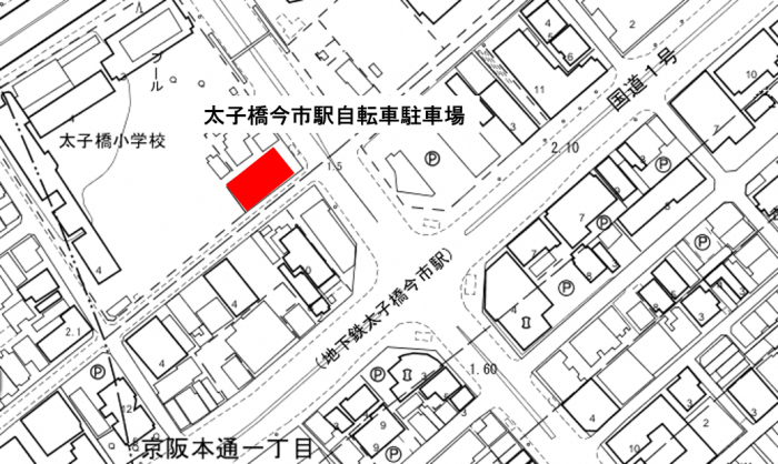 太子橋今市駅自転車駐車場が赤く示されている、太子橋今市駅周辺の地図