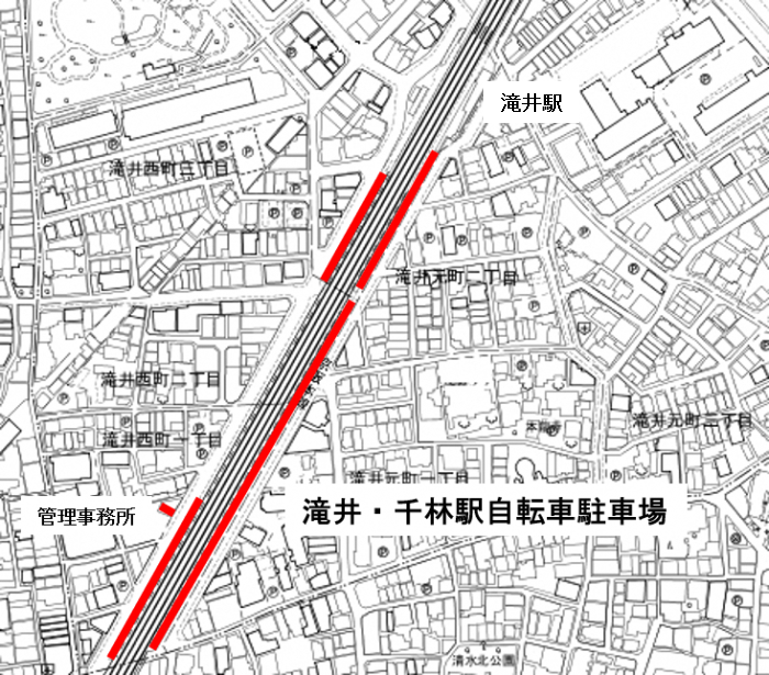 滝井・千林駅自転車駐車場が赤く示されている、滝井駅・千林駅周辺の地図