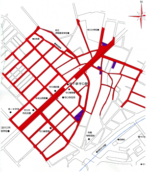 地下鉄守口駅周辺の自転車放置禁止区域が赤色で塗られている地図