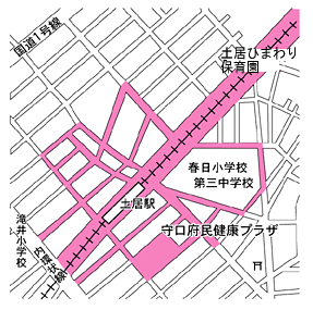 京阪土居駅周辺の自転車放置禁止区域が黄色で塗られている地図