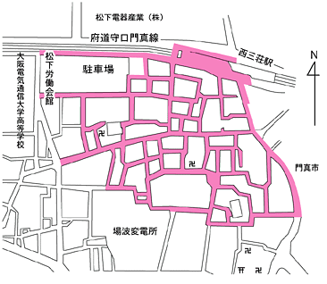 京阪西三荘駅周辺の自転車放置禁止区域が黄色で塗られている地図